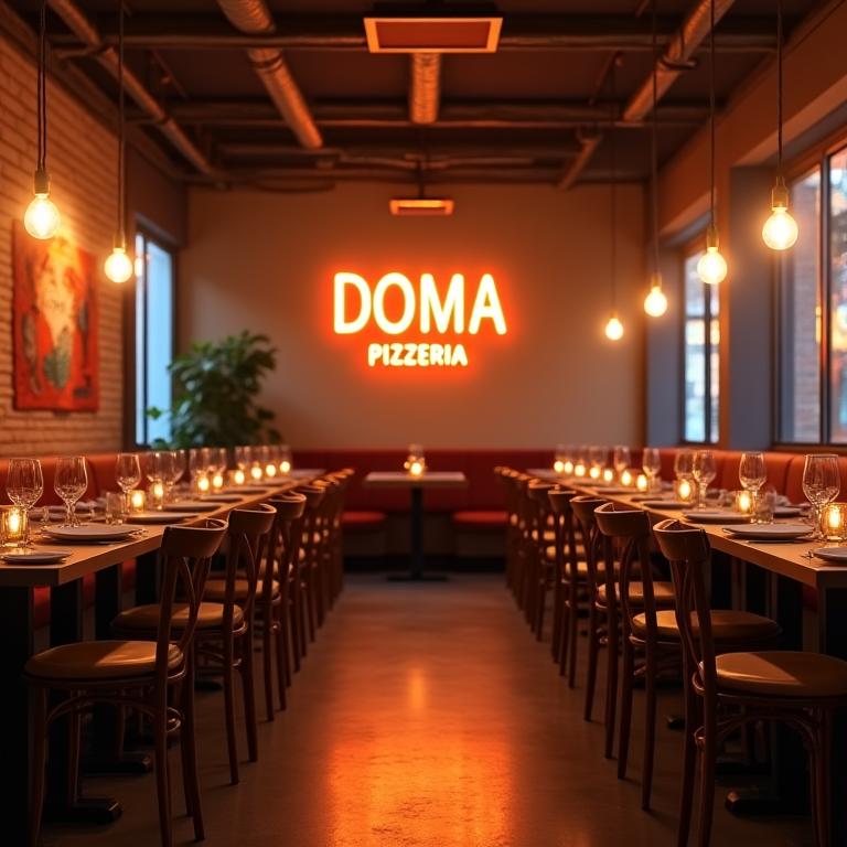 따뜻한 조명이 있는 도마 피자리아의 내부 전경
